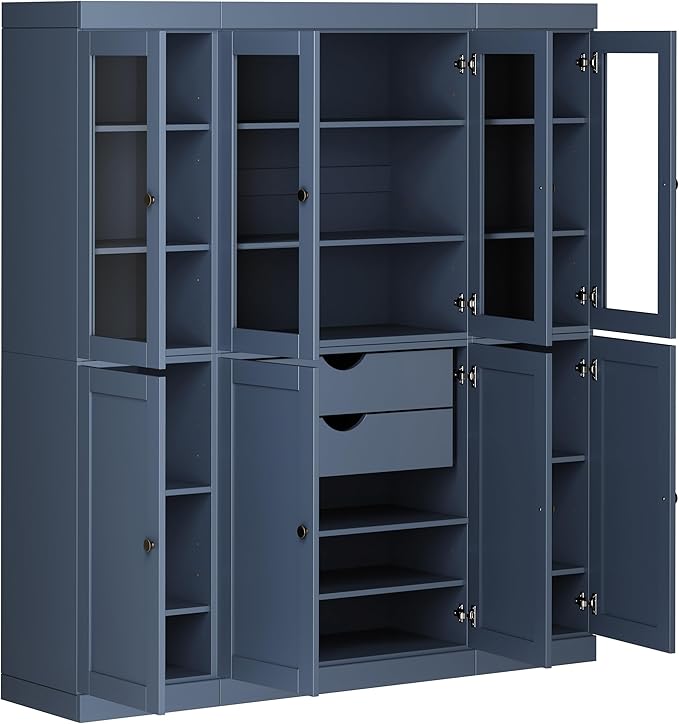 Palace Imports 100% Solid Wood Kitchen China Pantry Cabinet, 65" W - 4 Clear Glass & 4 Shaker Doors, Renewable Eco-Friendly Wood, Made in Brazil (Antique Blue, 8 China/Shaker Doors | 2 Drawers)
