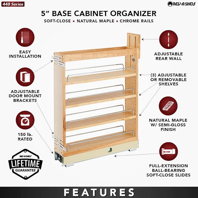 Rev-A-Shelf 5" Pullout Shelf Organizer for Kitchen and Bathroom Base Cabinets, Wooden Slide Out Spice/Medicine Rack with Soft-Close, 448-BCBBSC-5C