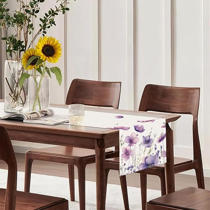 ZCHOMI Purple Flowers Table Runner 13x72 Inch Spring Summer Seasonal Kitchen Dinning Table Decoration for Indoor Outdoor Home Party D챕cor