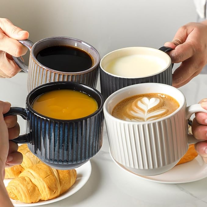 HASENSE Coffee Cups Set of 4 with Stand, 15 OZ Stackable Coffee Mugs with Handle for Tea, Cocoa, Cappuccino, Latte and Americano, Porcelain Vertical Stripe Coffee Cups for Men and Women, Colorful