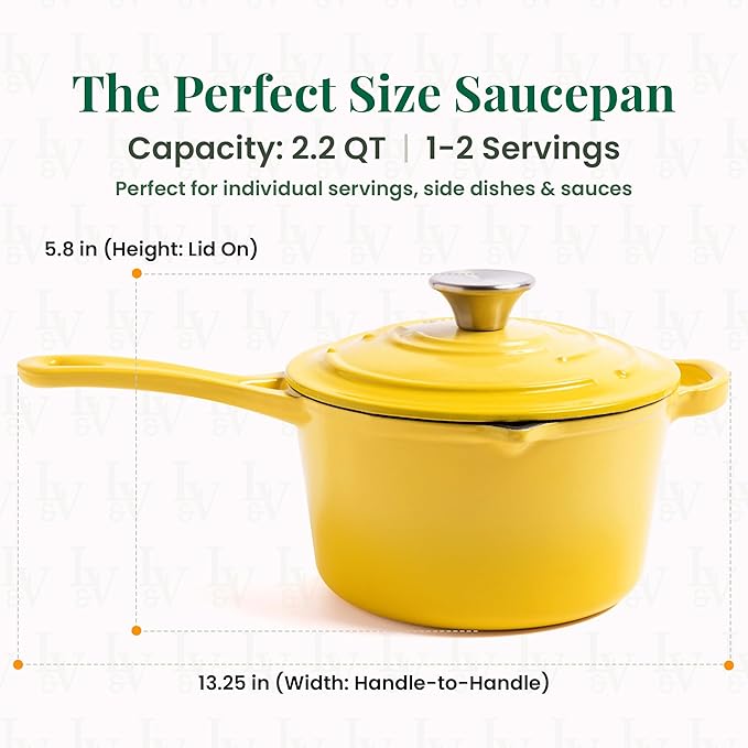 Larder & Vine Enameled Cast Iron Saucepan | 2.2 qt Sauce Pan with Lid | Saucepan with Pour Spouts | Enameled Cast Iron Pot Compatible on All Cooktops & Oven Safe to 500째 F | Limoncello