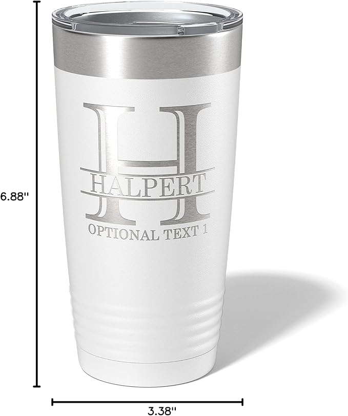 Personalized 20oz (17 Colors) Powder Coated Insulated Stainless Steel Tumbler with Lid, Custom Etched, Customized Engraved Gift Idea for Women Men Her Him, Halpert Monogram Initial Name (White)