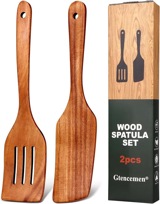 Best Teak Wooden Spatula Set Non Toxic 2 Pcs Wood Kitchen Utensils sets Slotted Turner Spatula Wood Angled Spurtle for Cooking, Flat Frying, Pancake, Egg, Non Stick BPA Free