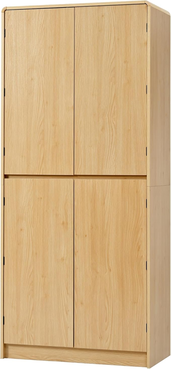 72" Farmhouse Tall Kitchen Pantry Cabinet, Wood Storage Cabinets with Hidden Drawer and 3 Adjustable Shelves, Cupboard with Door Shelves for Kitchen, Dining and Bathroom, Natural Wood
