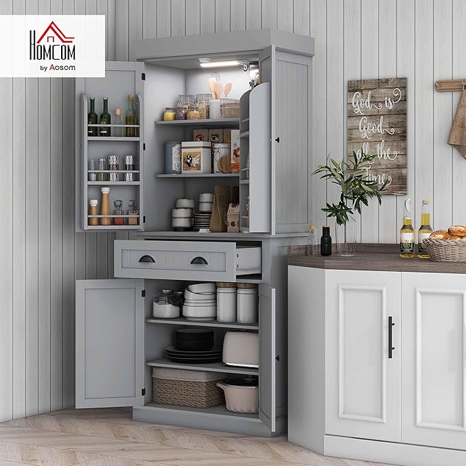 HOMCOM 71" Kitchen Pantry Cabinet with LED Motion Sensor Light, Tall Storage Cabinet with 6 Door Shelves, Drawer & Adjustable Shelves, for Living & Dining Room, Gray