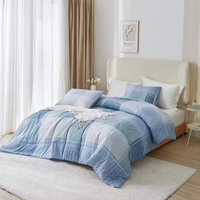LifeTB Blue Checkered Comforter Full Comforter Set Geometric Plaid Checkered Pattern Comforter for Men Boys Modern Grid Plaid Bedding Comforter Set for All Seasons Lightweight Soft Fluffy Bed Set