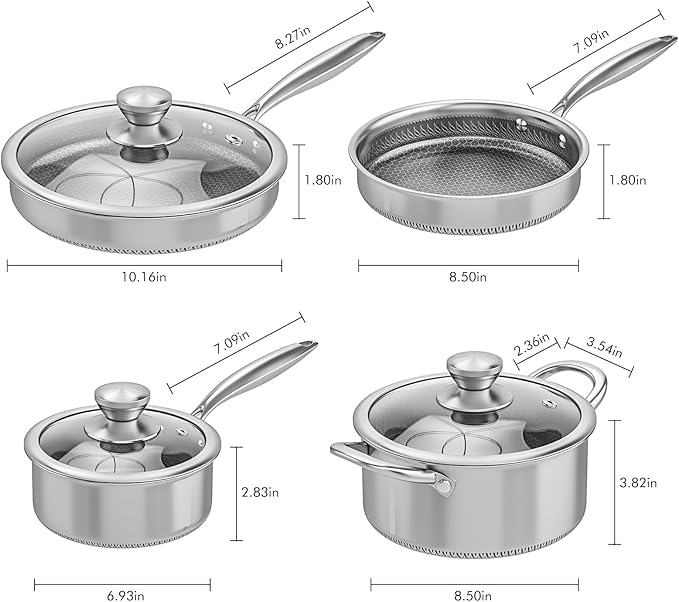 AuFranc짰 Hybrid Nonstick Stainless Steel Pots and Pans Set, Induction Cookware Set with Tempered Glass Lids, Non-stick Pot and Pan Set Suitable for All Cooktops, Non-Toxic, Dishwasher & Oven Safe
