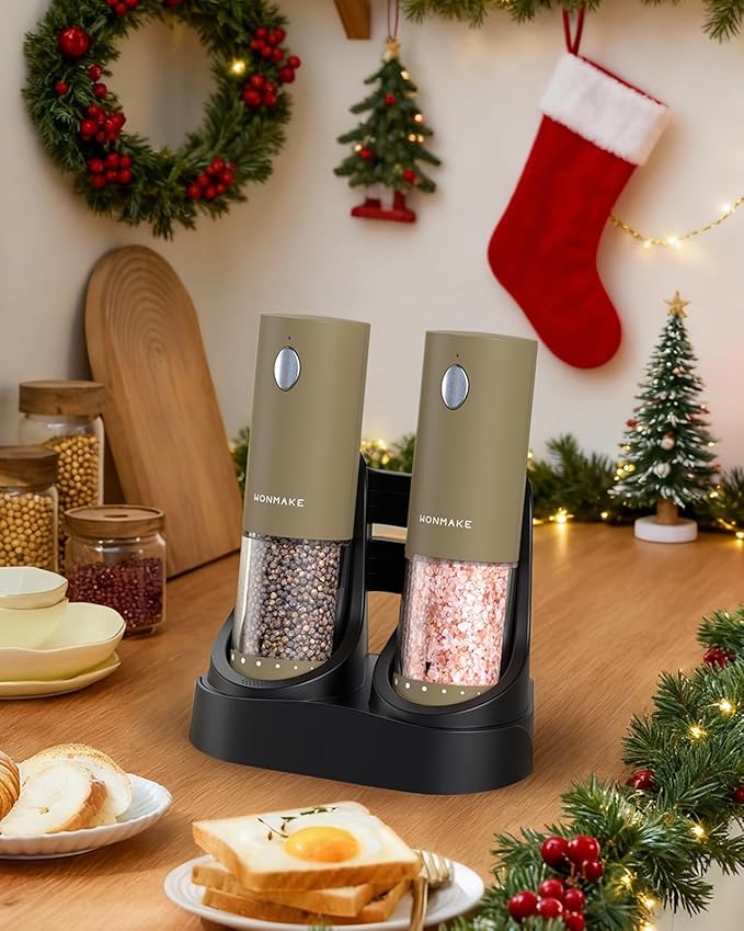 Electric Salt and Pepper Grinder Set - Automatic Refillable Salt and Pepper Grinders with Charging Base & LED Light, 6-Level Adjustable Coarseness with External Dial, Ideal Kitchen Gadget竊똁rown