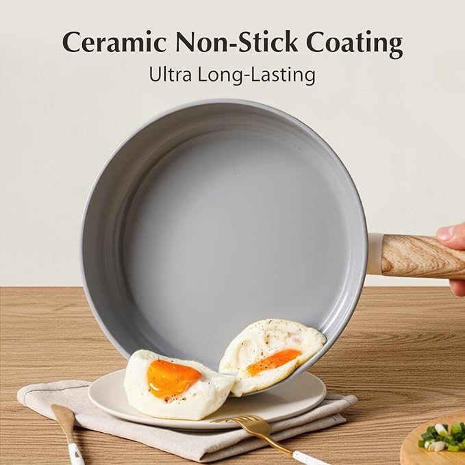 KOCH SYSTEME CS 8 Inch Non Stick Frying Pan, Nonstick Ceramic Frying Pan with Heat-Resistant Handle, Non Toxic Cooking Pan, Induction Compatible Skillet, Dishwasher Safe, Cream White