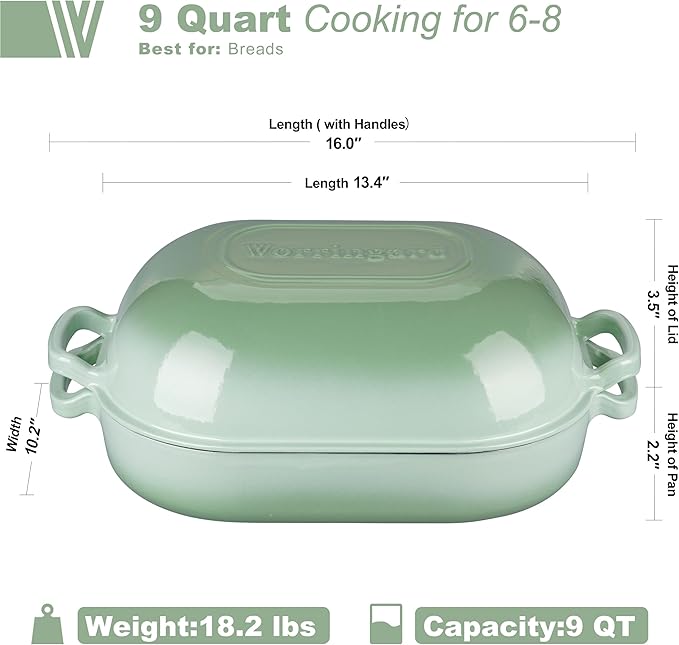 Large Cast Iron Dutch Oven Dome Pot with Lid, Enameled Bread Oven, Bread Pan for Homemade Sourdough Bread Baking, 9QT, Green