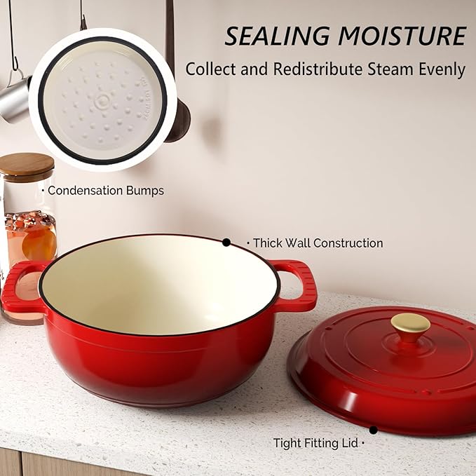 VINGLI 6QT Enameled Cast Iron Round Dutch Oven Pot with Lid, NonStick Casserole Pot with Dual Handles & Silicone GlovesRed, Oven Safe up to 500째F or on Stovetop, Dutch Oven for Bread Baking, Red