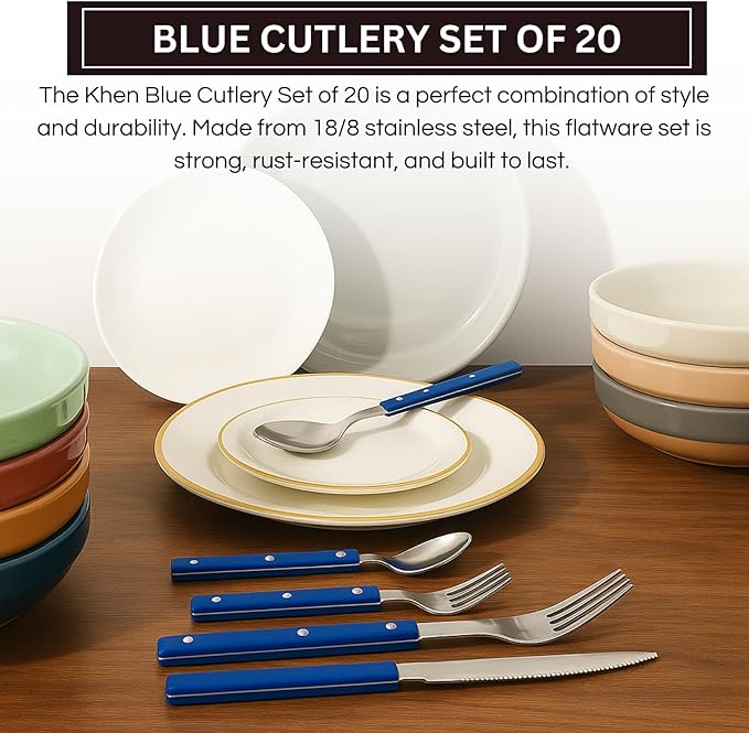 Khen Cutlery Set of 20, 18/8 Stainless Steel Flatware, Modern Silverware for Home, Kitchen, Dining & Table Setting for 4 ??Stainless Steel, Dishwasher Safe, Lightweight & Ergonomic Design Gift - Blue