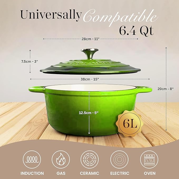 Nuovva Enamelled Cast Iron Dutch Oven Pot with Lid ??6.4 Quart Non Stick Casserole Pot ??Heavy Duty & Oven Safe up to 500째 F for Bread Baking, Braising, Stews, Roasting ??28cm Green