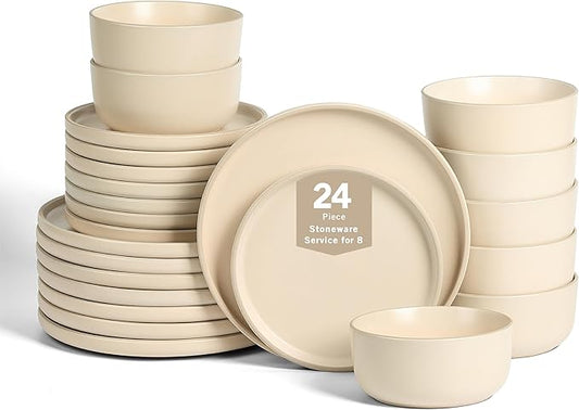 Earth & Clay Amber 24-Piece Dinnerware Set Stoneware, Dishwasher and Microwave Safe Plates and Bowls Set, Dish Set for 8, Beige