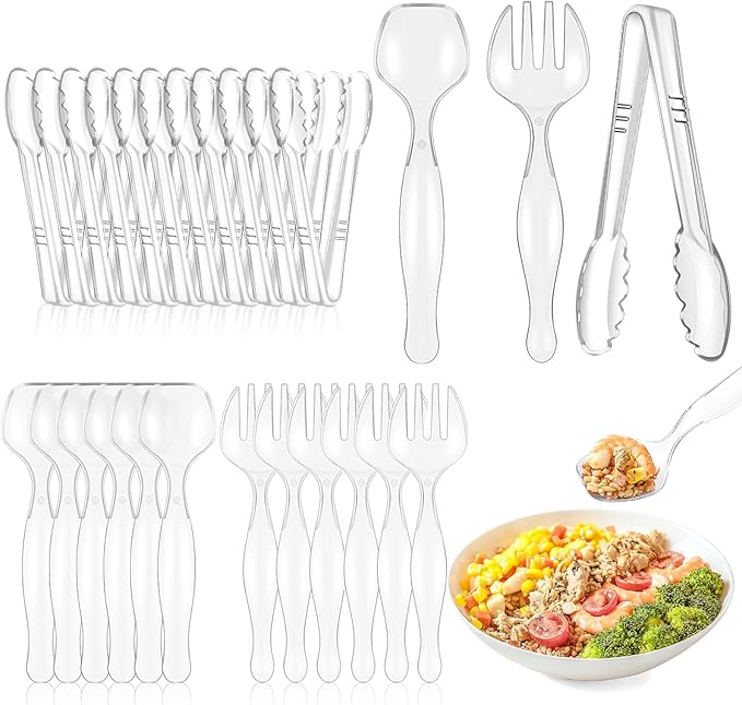 Mwellewm 36Pcs Serving Utensils 9'' Large Plastic Serving Utensils Set Serving Spoons for Buffet Clear Disposable Plastic Tongs Heavy Duty Slotted Spoons/Forks Supplies for Party Food Salad Soup