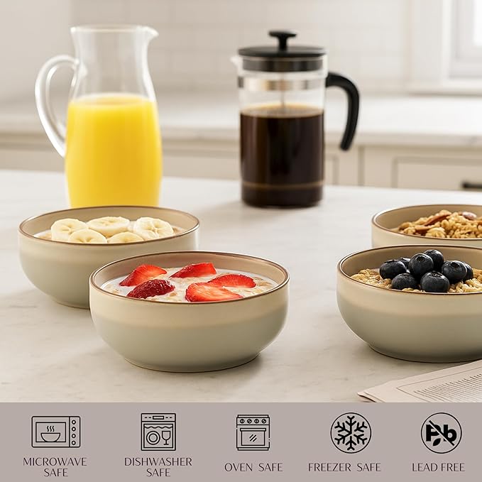 Ceramic Cereal Bowls Set of 4-21 oz Stoneware Bowls for Soup, Salad, Dessert or Ice Cream - Stackable, Dishwasher & Microwave Safe, Small Rustic Bowls for Kitchen -Terracotta/Reactive Glaze