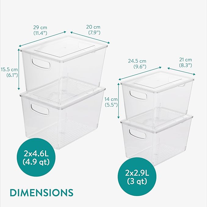 Navaris Fridge Storage Containers with Lids - Stackable Space-Saving Organizers - Large Capacity for Kitchen Pantry Organization - Set of 4 (3QT/4.9QT - 2.85L/4.6L)