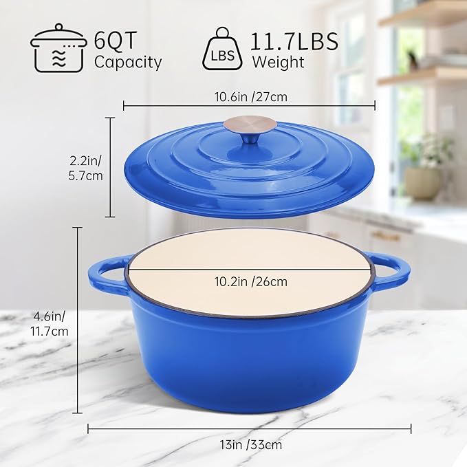 6 Quart Enameled Cast Iron Dutch Oven Pot with Lid, Oven Safe up to 500째F or on Stovetop, Non-stick Dutch Oven for Bread Baking, Cooking, Dual Handles Cookware, Cobalt Blue