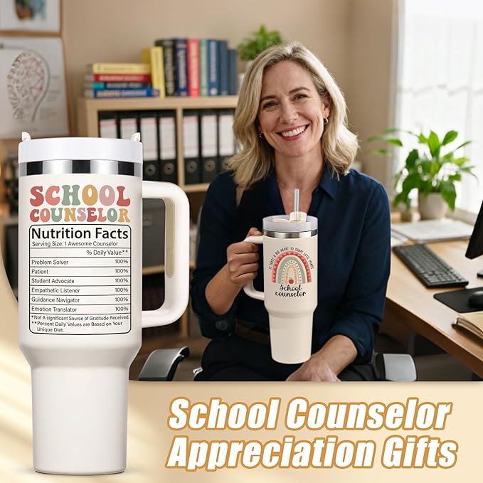 Lifecapido School Counselor Appreciation Gifts, 40oz Shape Little Minds Insulated Tumbler with Lid & Straw, School Counselor Gifts for Appreciation Week Christmas(Cream)