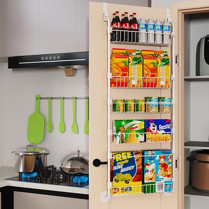 White Over the Door Pantry Organizer 8 Tier, Adjustable Basket Pantry Door Organizer and Storage, Heavy Duty Metal Kitchen Hanging Spice Rack (D5xW19xH50 Inches)