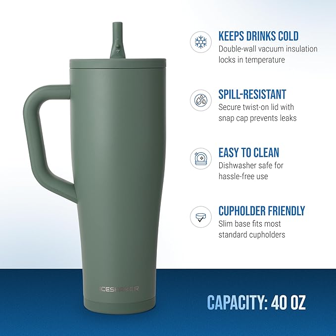 Ice Shaker 40 oz Tumbler with Handle and Straw | 40oz Aura | Cold for 30+ Hours | 2-in-1 Tumbler Shaker Bottle | Odor-Free 40 ounce Bottle for Water, Protein Shakes, Smoothies, Cocktails