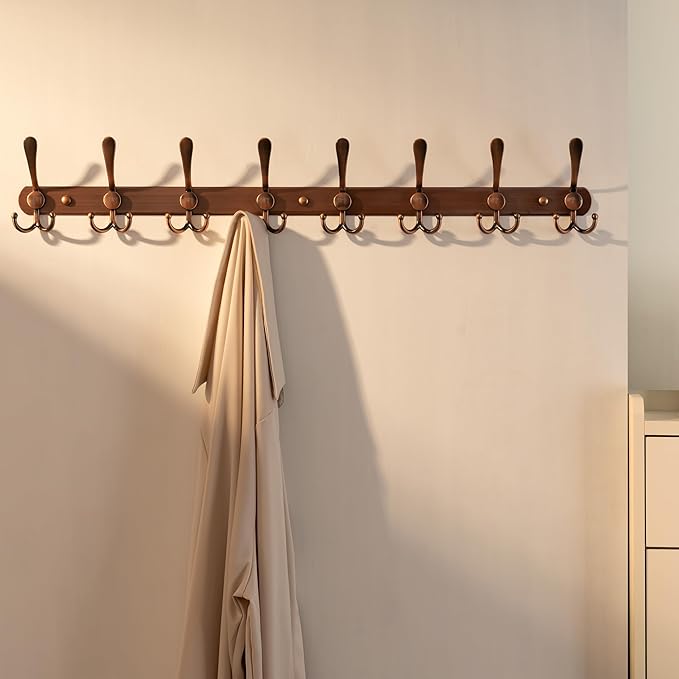 Dseap Coat Rack Wall Mount - 29.5??Long 8-Tri-Hooks Heavy Duty Coat Hanger Rail Wall Hooks for Hanging Coats Hats Clothing Clothes Purse Mudroom Entryway, Red Antique Copper