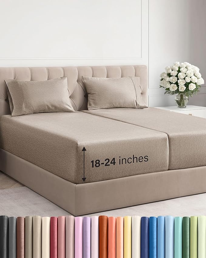 Extra Deep Pocket Split King Sheets - 5 Piece Breathable & Cooling Bed Sheets - Hotel Luxury Bed Sheet Set - Soft, Wrinkle Free & Comfy - Easily Fits Extra Deep Mattresses - Heathered Beige Sheets Set
