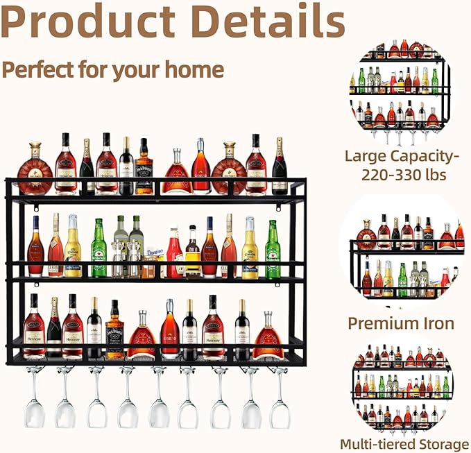 47 Inch Metal Wine Rack Wall Mounted, Bar Shelves Wall Mounted with LED Light, Large 3-Tier Liquor Bar Display Shelf with Wine Glasses for Home Bars, Dining Room & Kitchen, Black