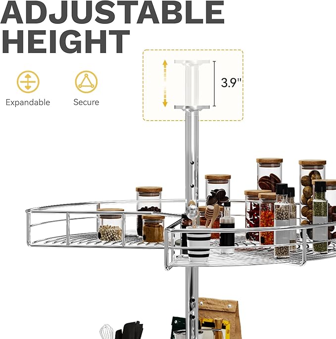 DWVO 31??Kidney 2-Tier Lazy Susan ??Telescoping Mount Corner Cabinet Organizer with Pie-Shelf Design, for Bathroom,Kitchen Cabinet Blind Corners (Chrome, 270째 Adjustable)