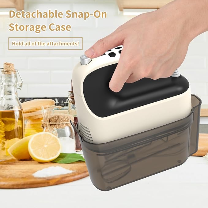Yomelo 9-Speed Digital Hand Mixer Electric, 400W Powerful DC Motor, Hand Mixer Electric Handheld with Snap-On Storage Case, 5 Stainless Steel Accessories, Beaters, Dough Hooks, Whisk(Creamy/Black)