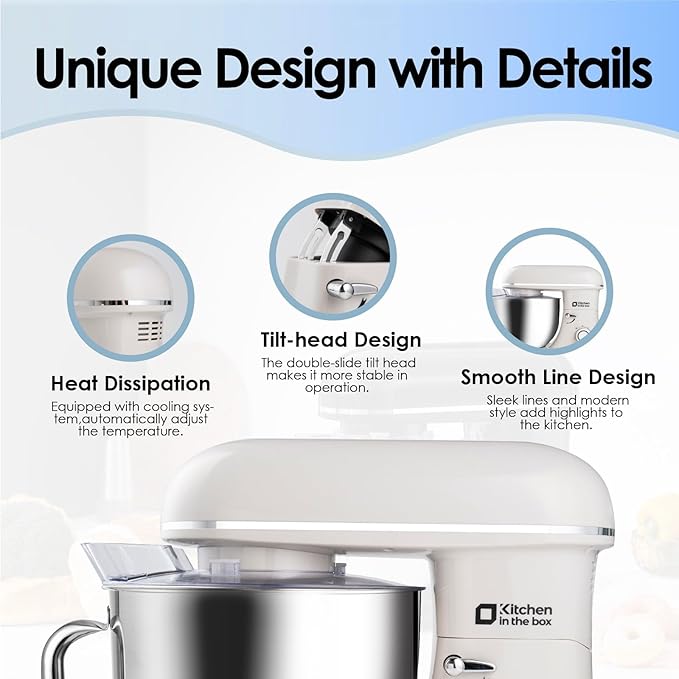 Kitchen in the box Stand Mixer - 8.5 Quart Electric Kitchen Standing Mixer 900 Watt for Heavy Bread Dough,Baking,Cake,Cream & Batters,Tilt Head Design (Cream White)