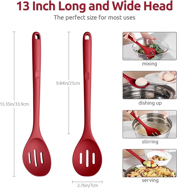 600쨘F Heat Resistant Slotted Spoon: U-Taste 13.3in Solid Kitchen Cooking Spoon, Nonstick Food Grade Large & Long Rubber Utensil for Mixing, Serving, Stirring, Basting, Frying, Draining (Red)