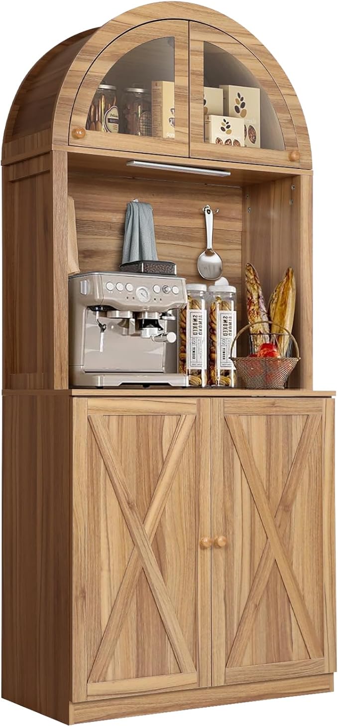 71" Tall Arched Kitchen Pantry Cabinet, Farmhouse Storage Cabinet with LED Light, Adjustable Shelves & Glass Door, Versatile Cupboard for Kitchen, Dining Room, Bathroom