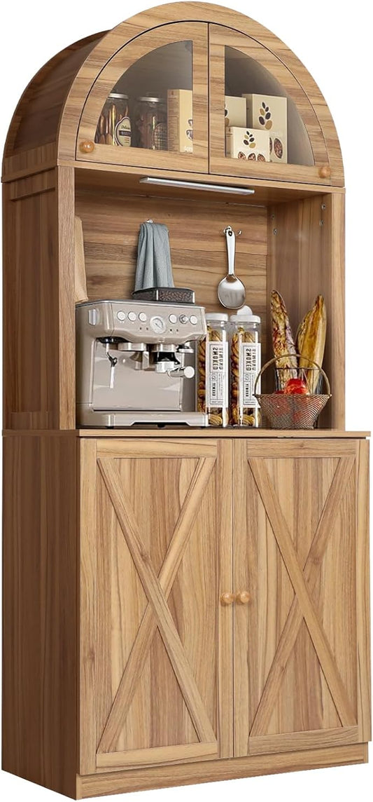 71" Tall Arched Kitchen Pantry Cabinet, Farmhouse Storage Cabinet with LED Light, Adjustable Shelves & Glass Door, Versatile Cupboard for Kitchen, Dining Room, Bathroom