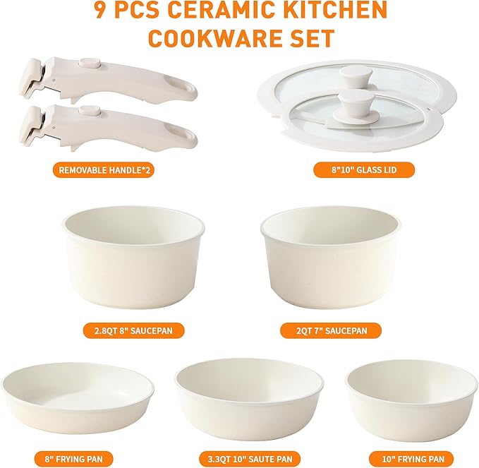 Ceramic Cookware Set 9 Pcs Pots and Pans Set with Detachable Handles Cooking Pan Saucepan Set Skillet Healthy Induction Cookware Oven Safe Dishwasher RV Kitchen Cream