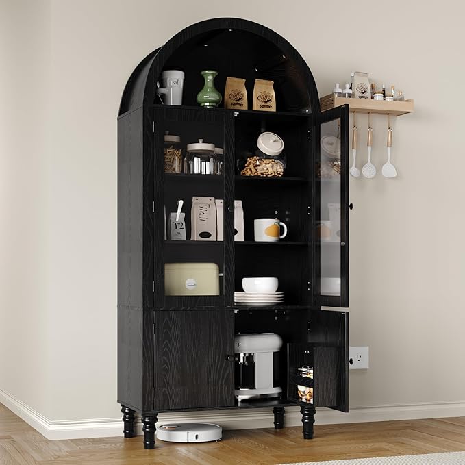 71" Tall Arched Pantry Cabinet, Modern Kitchen Storage Cabinet with Doors, 3 Adjustable Shelves, Door Shelves, Organizer, Versatile Cupboard for Kitchen, Bathroom, Black
