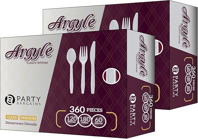 Party Bargains White Plastic Cutlery 720 pcs: 360 Forks, 240 Spoons, 120 Knives. Argyle Design, Heavy Duty & Solid Disposable Silverware Utensils Combo Pack Set for Weddings, Buffets, Luncheons