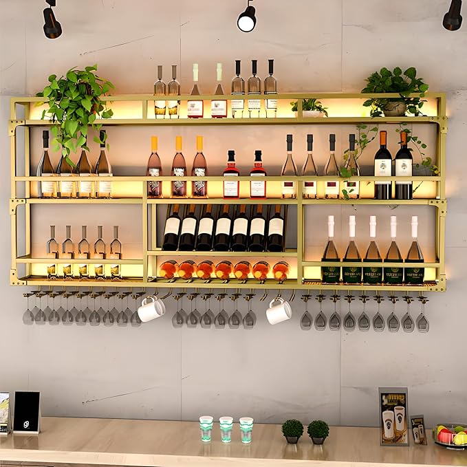 Wall Mounted Wine Rack, Floating Industrial Liquor Glass Holder 3 Tiers, Large Metal Wine Bottle Display Rack Hanging Shelf, for Home Bar Dining Room Decorative (Gold-B, 39.37x35.43x9.84in)