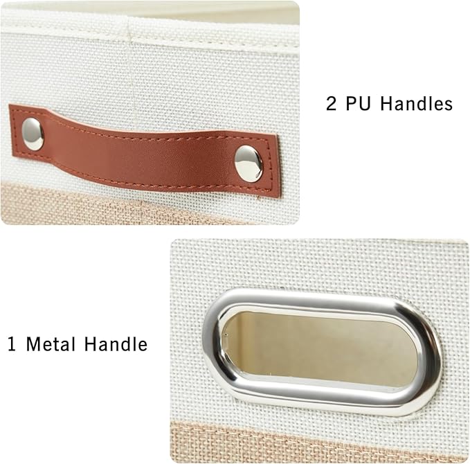 Bagnizer Large Collapsible Fabric Storage Bins with 3 Handles, Foldable Organizer Baskets for Closet, Shelves, Living Room | 3 Pack, Durable PU & Metal Handles (14.9"x9.8"x9.8", Beige & White)