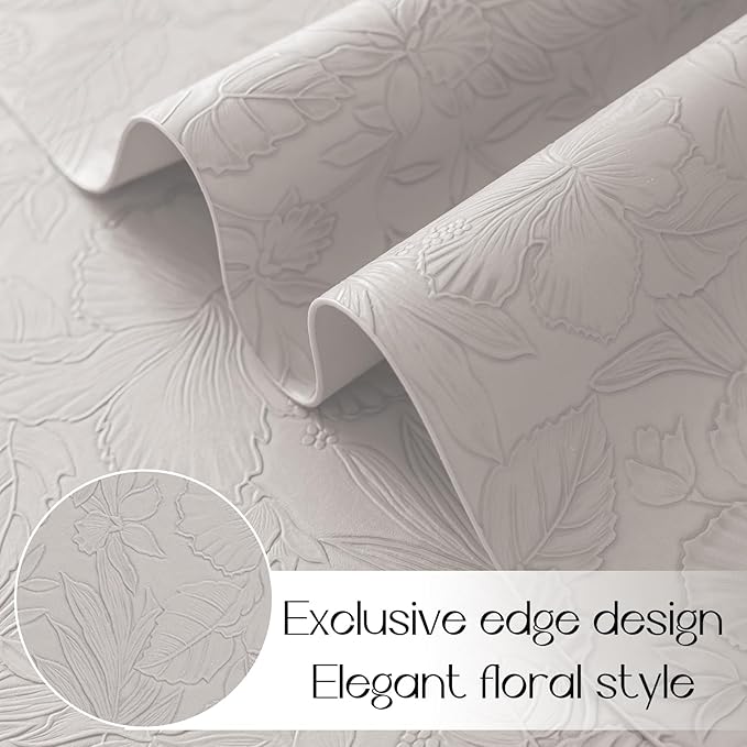 Romanstile Vinyl Placemats Set of 6-12 X 18 Inch - Heat Resistant Non-Slip Embossed Floral Place Mats 100% Waterproof Oilproof Wipeable Faux Leather Table Mats for Kitchen/Dining/Party, LightGrey
