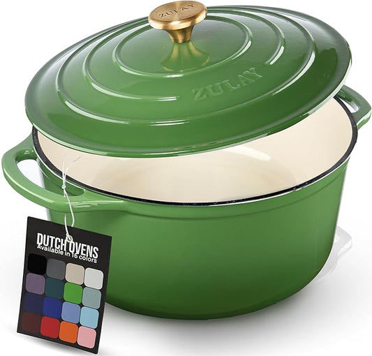 Zulay Kitchen 6 Quart Enameled Cast Iron Dutch Oven Pot with Lid ??Premium Durability & Oven Safe up to 500째F ??Heavy Duty Cookware Perfect for Bread Baking, Stews, Braising & Roasting ??Green