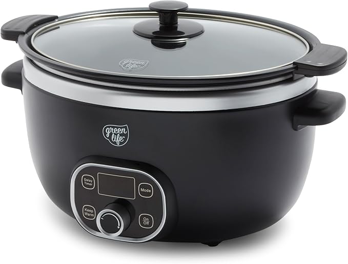 GreenLife 8QT Slow Cooker, Non-Toxic PFAS-Free Ceramic Nonstick Removable Interior Bowl, Programmable, Family Friendly, Keep Warm, Stovetop & Oven Safe, Dishwasher Safe Crock, Timer, Glass Lid, Black