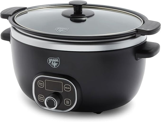 GreenLife 8QT Slow Cooker, Non-Toxic PFAS-Free Ceramic Nonstick Removable Interior Bowl, Programmable, Family Friendly, Keep Warm, Stovetop & Oven Safe, Dishwasher Safe Crock, Timer, Glass Lid, Black