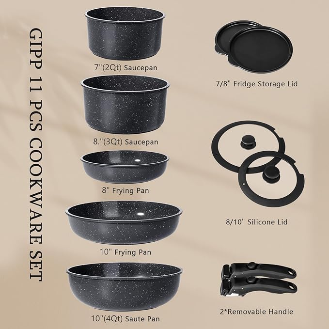 GiPP Ceramic Pots and Pans Set Non Stick, 11 Piece Nonstick Detachable Handle Cookware Sets, Non Toxic Induction Kitchen Pot and Pan with Removable Handle, Healthy RV Cookware, Dishwasher 竊냀ven Safe