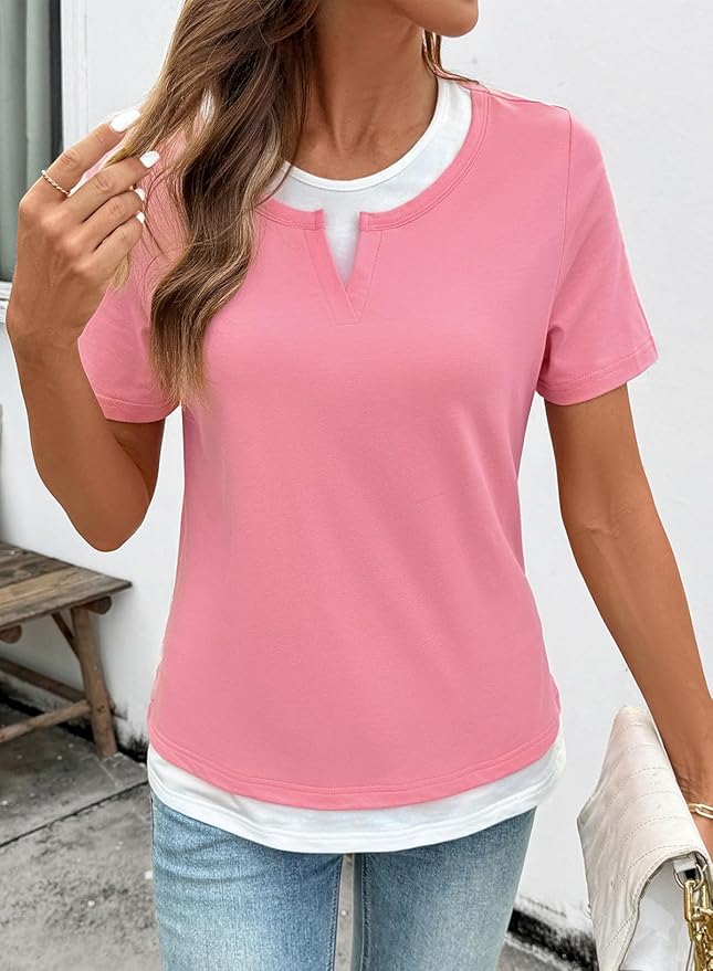 SHEWIN Womens Tops Casual Crewneck Color Block Short Sleeve Mock Double Layer T-Shirt Summer Outfits for Women 2026