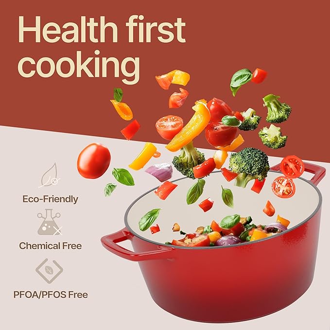 Bakken Enameled Cast Iron Dutch Oven Pot, 6QT Dutch Oven for Bread Baking, Braising & Roasting, Kitchen & Campfire Cooking, Moisture-Locking Lid, Oven Safe Up To 500째F, Works on All Cooktops, Red