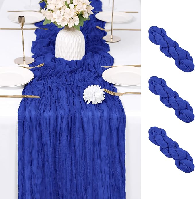 RealBox 3 Pack Royal Blue Cheesecloth Table Runner 17x108 Inch Semi Sheer Boho Gauze Cheese Cloth Fabric Table Runners Table Decor for Wedding Party Baby Shower Birthday Home Decor Garden Farmhouse