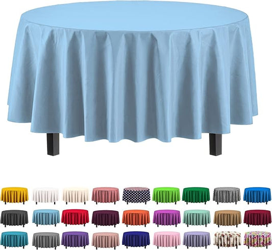 Party Solids 6-Pack Premium Plastic Tablecloth 84in. Round Plastic Table Cover - Light Blue