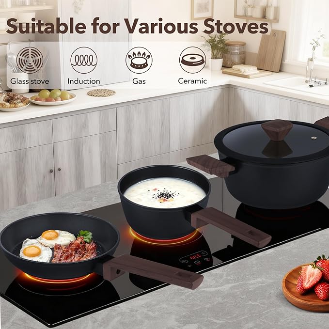 9 Pcs Pots and Pans Set Nonstick,Induction Cookware Set Kitchen Cooking Sets,Non Stick with Grill Pan (PFOS, PFOA Free), Black