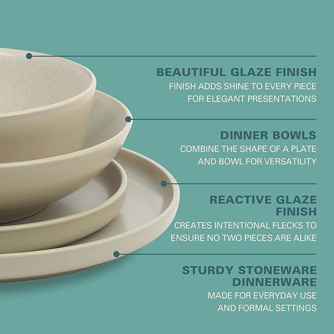 Gibson Elite Tribeca Loft 16-Piece Dinnerware Set ??Matte Cream and White Reactive Glaze Stoneware, Double Bowl Round Plates and Bowls ??Modern Neutral Tableware for 4, Dishwasher & Microwave Safe